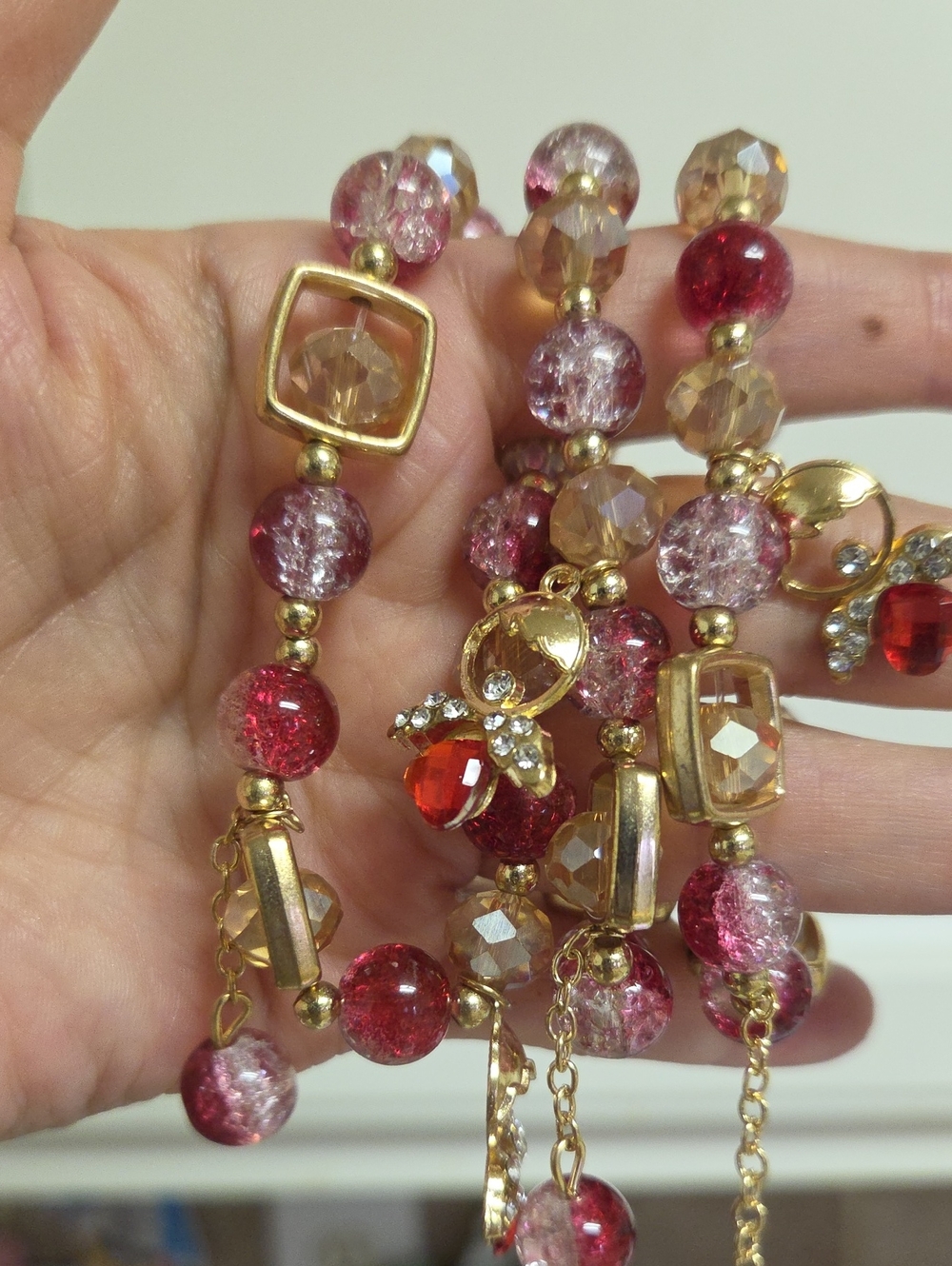 3 Gold-Tone Pink & Red Beaded Bracelet Set